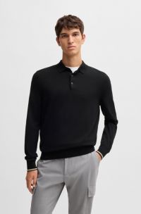 Pull Regular en maille de jersey de coton avec col polo, Noir
