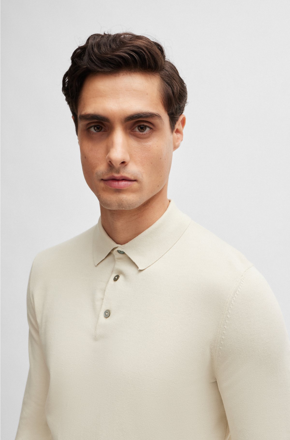 Cotton-jersey regular-fit sweater with polo collar, Natural