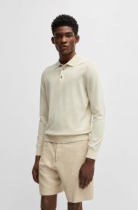 Regular-fit gebreide polo van katoenen jersey, Naturel