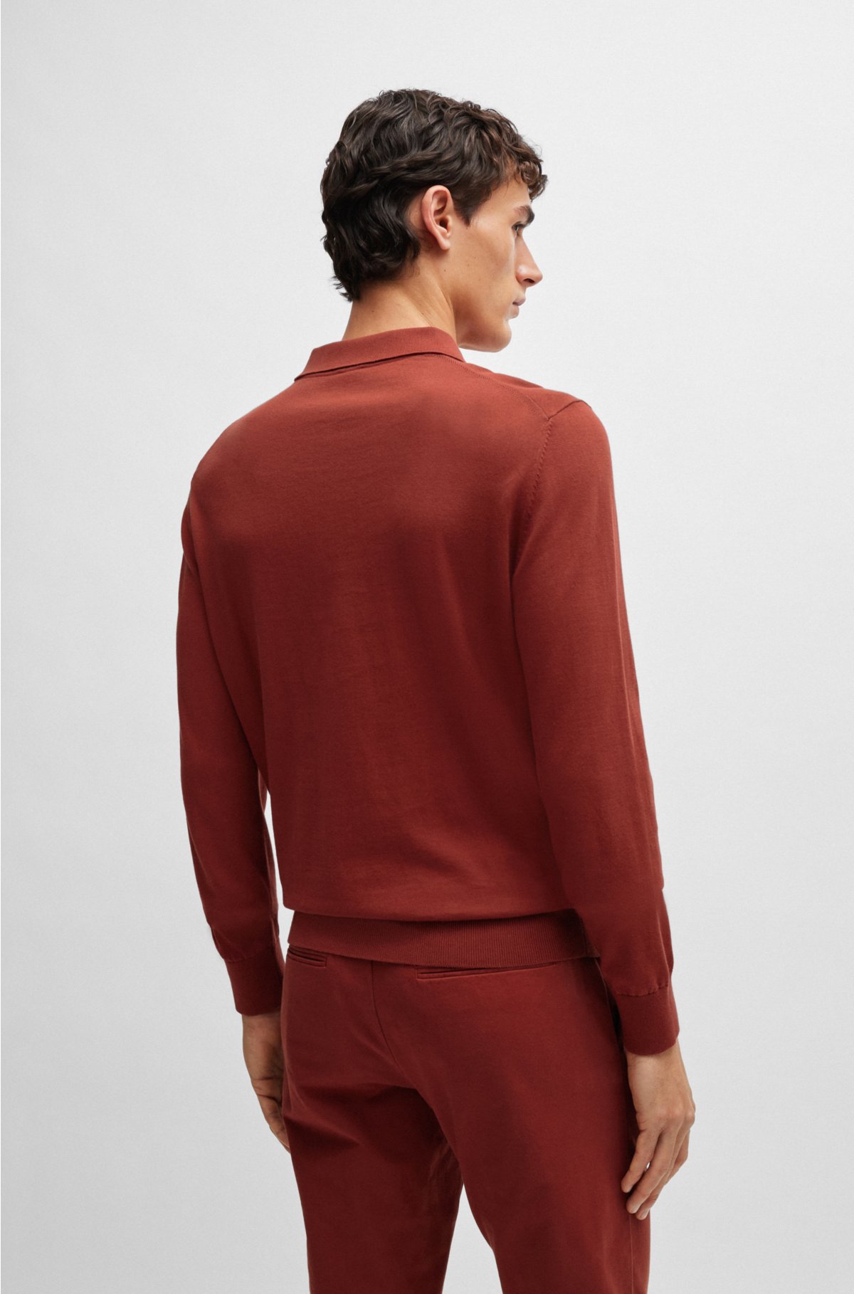 Cotton-jersey regular-fit sweater with polo collar, Dark Red