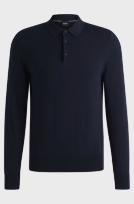 Cotton sweater with polo collar, Dark Blue
