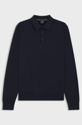 Cotton sweater with polo collar, Dark Blue