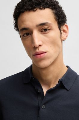 Cotton sweater with polo collar, Dark Blue