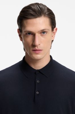 Cotton sweater with polo collar, Dark Blue