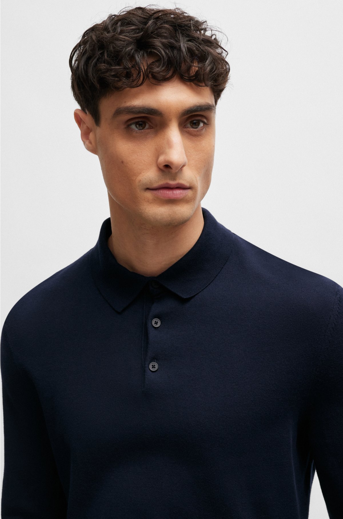 Cotton-jersey regular-fit sweater with polo collar, Dark Blue