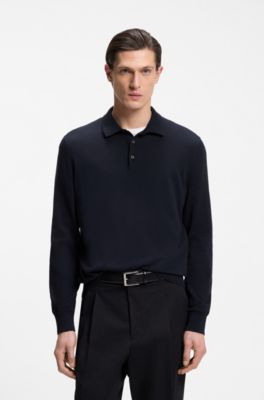 Cotton sweater with polo collar, Dark Blue