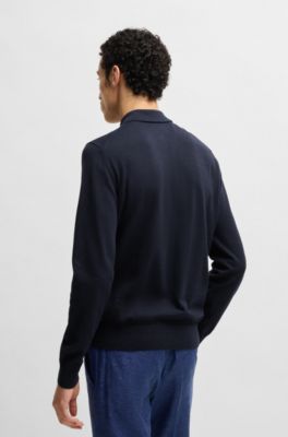 Cotton sweater with polo collar, Dark Blue