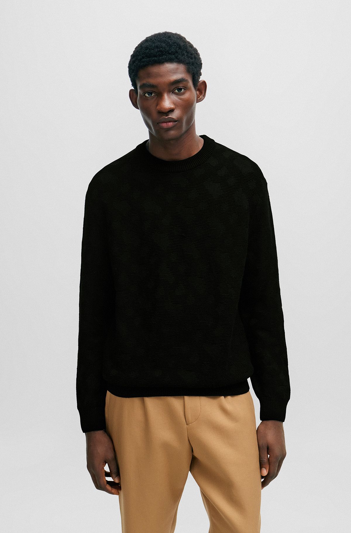 Monogram-structured sweater in virgin wool, Black
