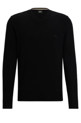 BOSS - V-neck sweater in cotton with embroidered logo