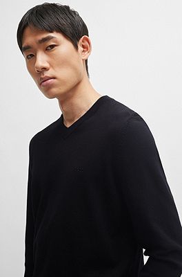 BOSS - V-neck sweater in cotton with embroidered logo