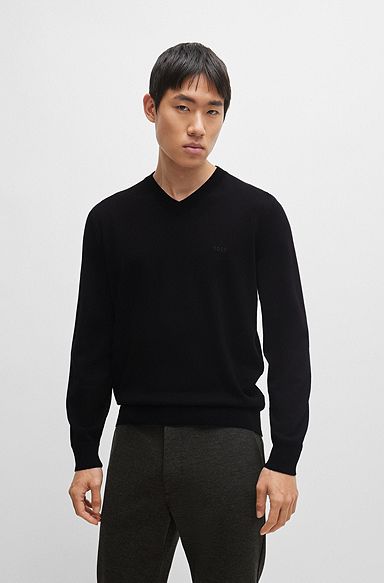 V-neck sweater in cotton with embroidered logo, Black