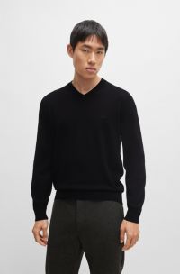 Jersey de algodón puro con cuello en pico y logo bordado, Negro