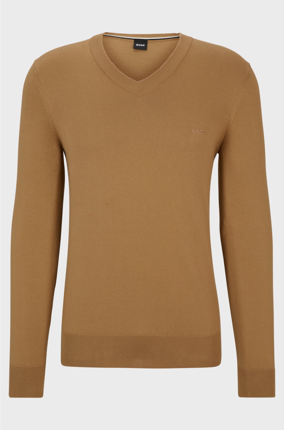 V-neck sweater in cotton with embroidered logo, Beige