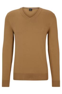 Hugo Boss V-neck Sweater In Cotton With Embroidered Logo In Brown