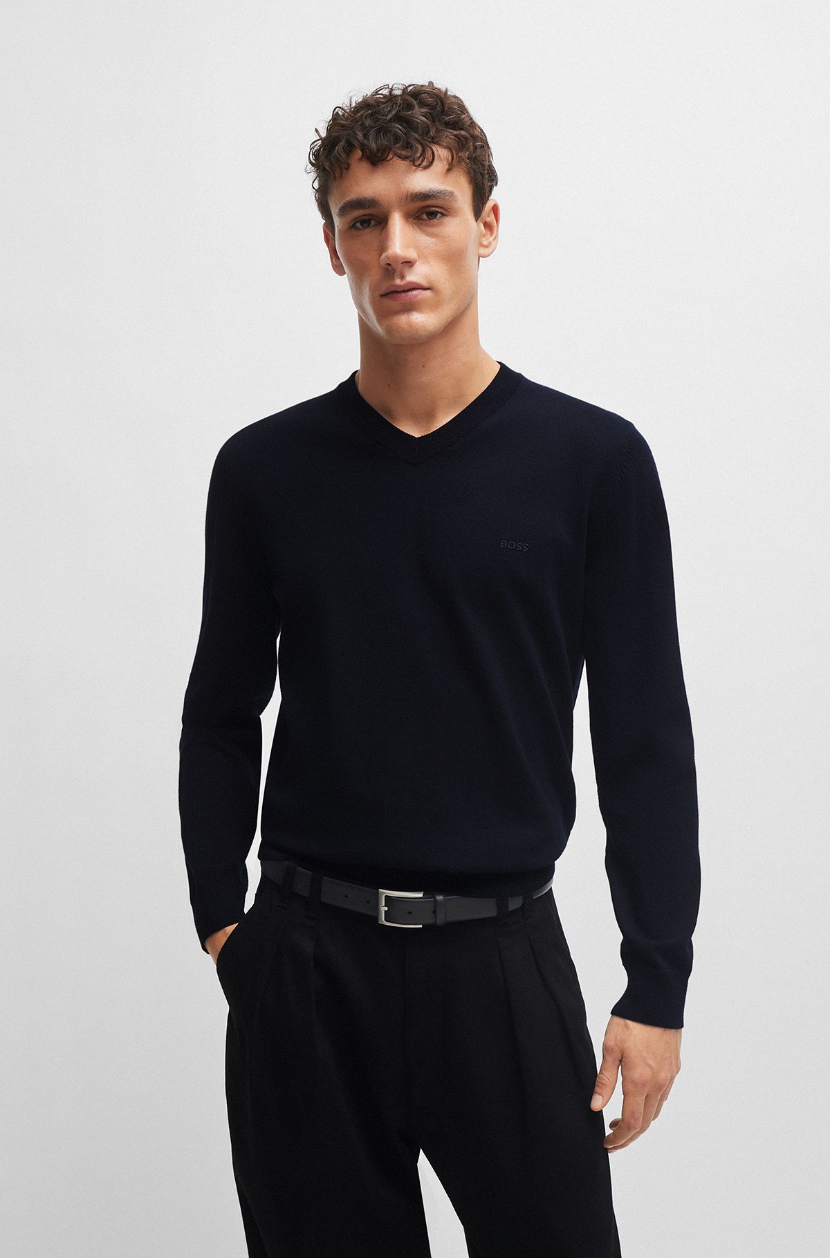 V-neck sweater in cotton with embroidered logo, Dark Blue
