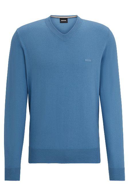 V-neck sweater in cotton with embroidered logo, Blue