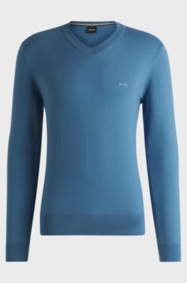 V-neck sweater in pure cotton with embroidered logo, Blue