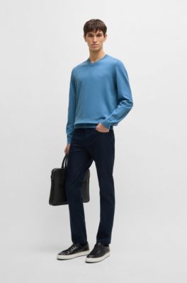 V-neck sweater in pure cotton with embroidered logo, Blue