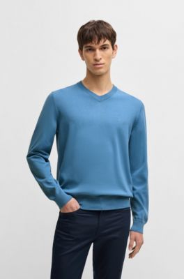 V-neck sweater in pure cotton with embroidered logo, Blue
