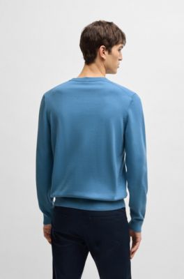 V-neck sweater in pure cotton with embroidered logo, Blue