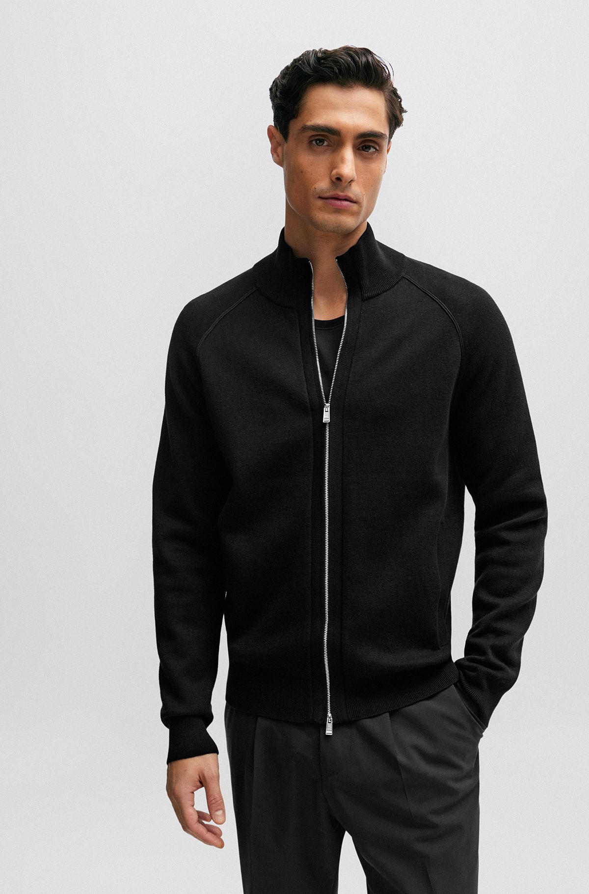 Zip-up cardigan in cotton and virgin wool, Black