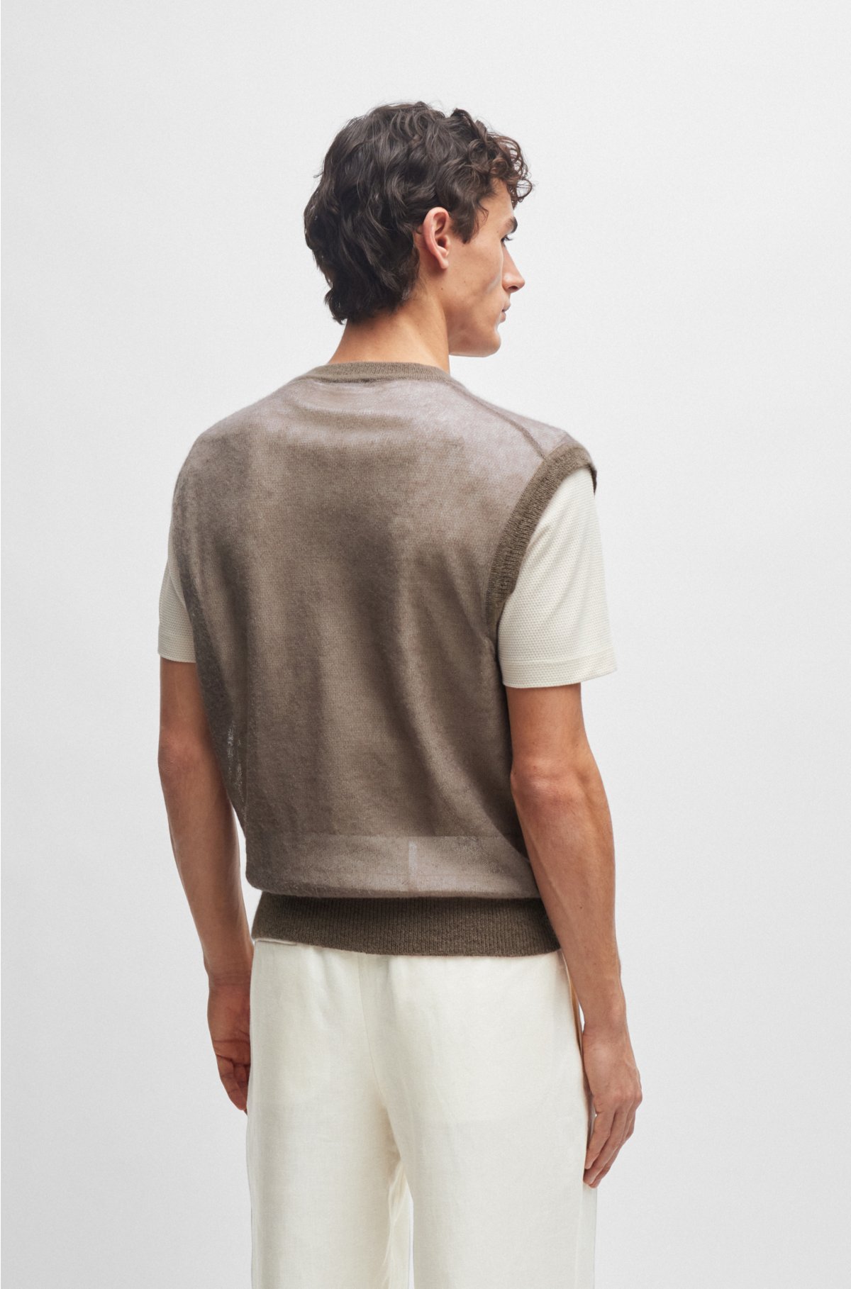 Regular-fit sleeveless sweater in a translucent knit, Brown