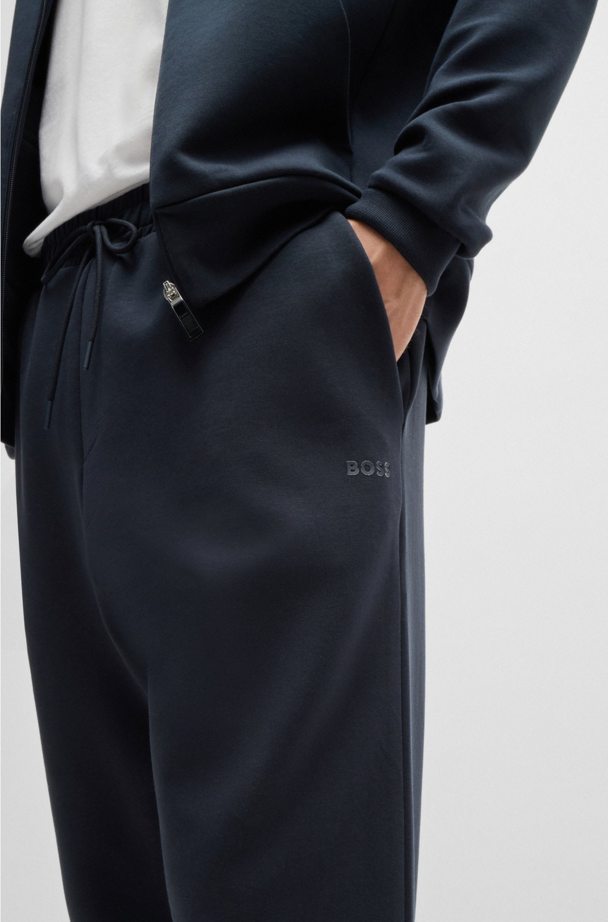 Stretch-cotton tracksuit bottoms with logo print, Dark Blue