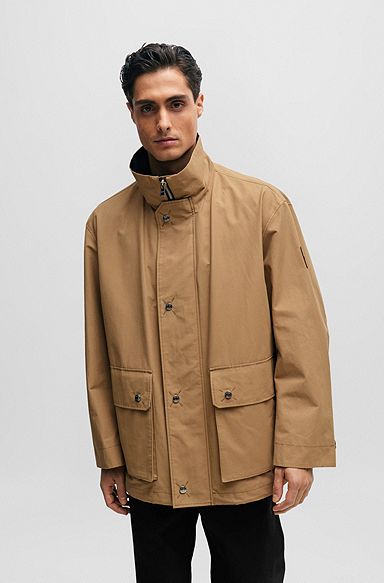 Regular-fit jacket with monogram-patterned packable hood, Light Brown