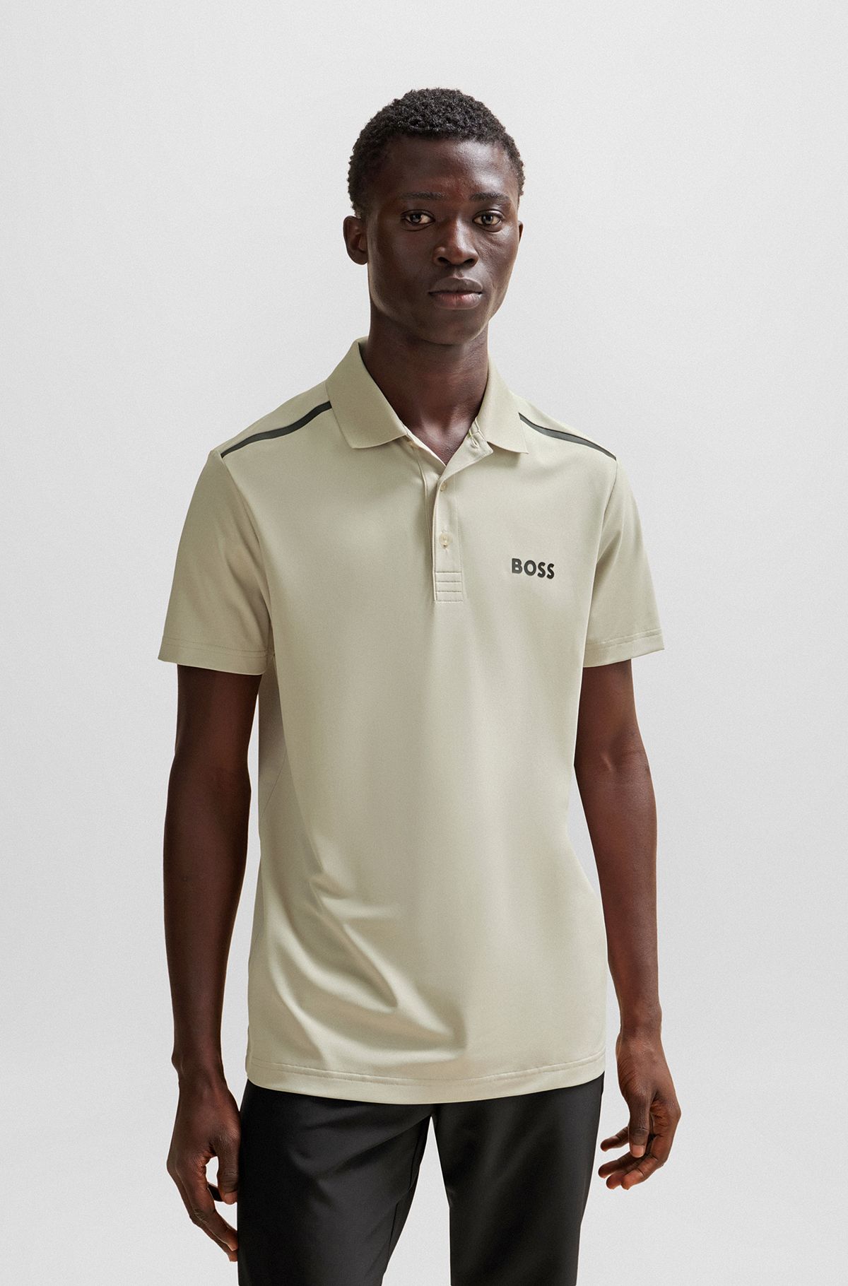 Performance-stretch polo shirt with contrast logo, Light Beige
