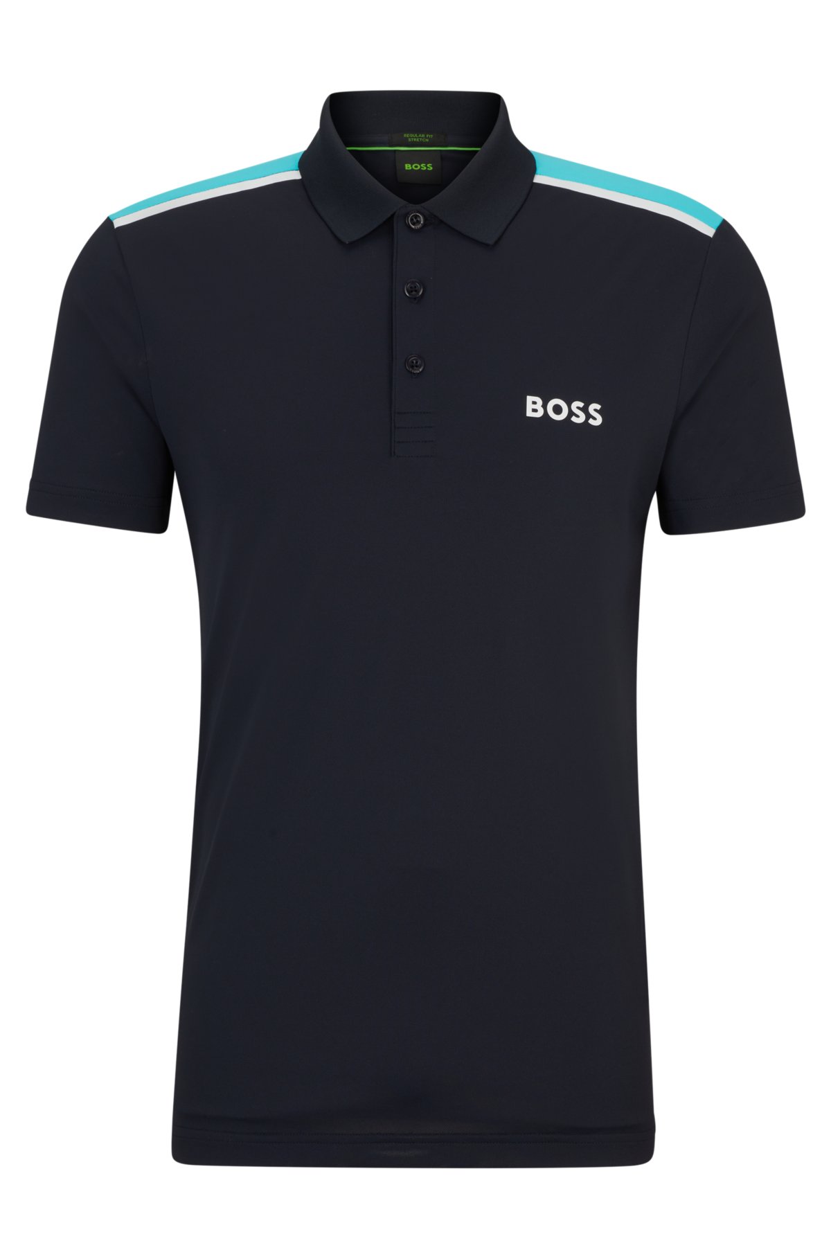 Performance-stretch polo shirt with contrast logo, Dark Blue