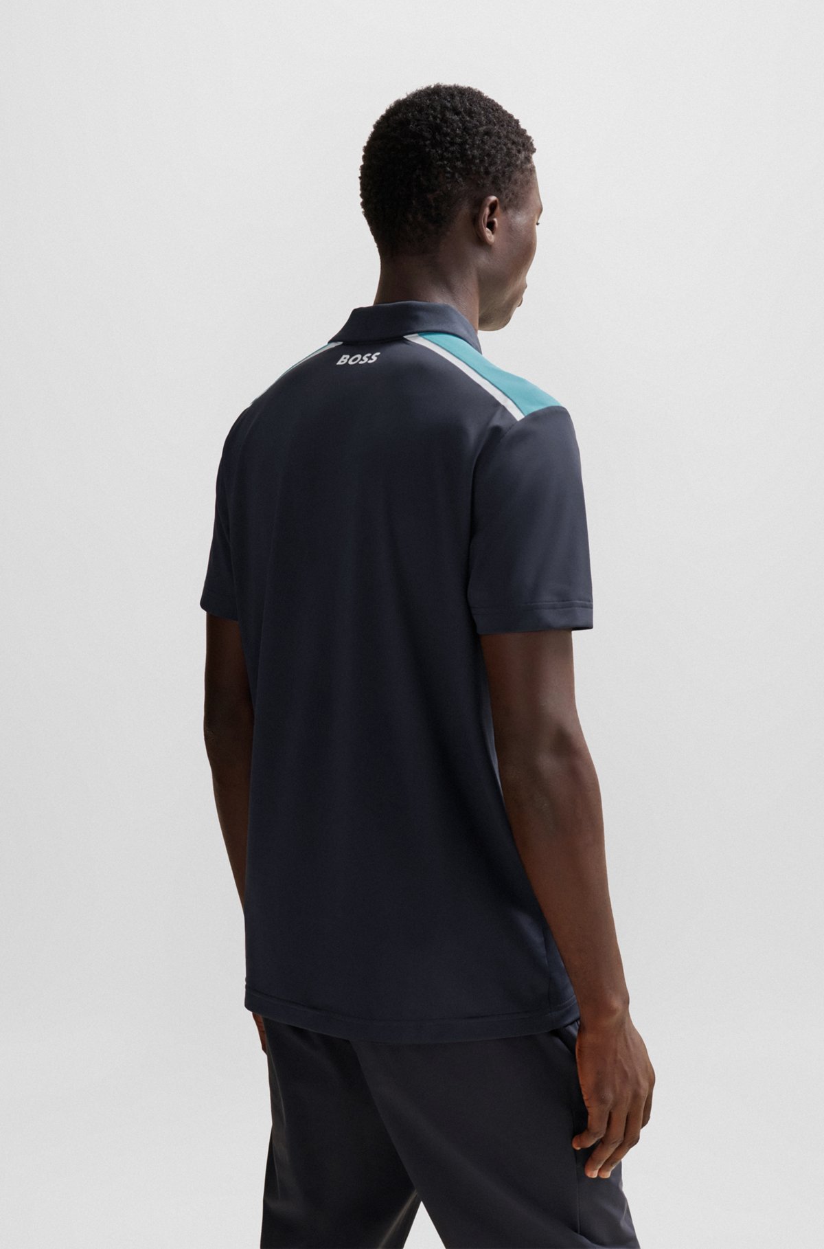 Performance-stretch polo shirt with contrast logo, Dark Blue