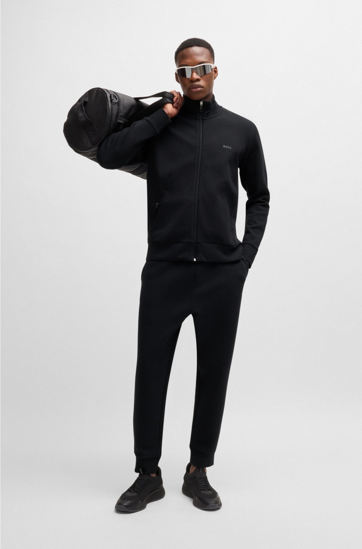 Stretch-cotton zip-up sweatshirt with logo print, Black