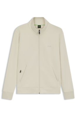 Zip-up sweatshirt in stretch cotton with logo print, Natural