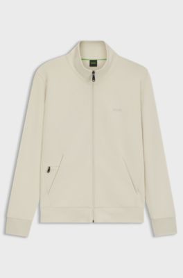 Zip-up sweatshirt in stretch cotton with logo print, Natural