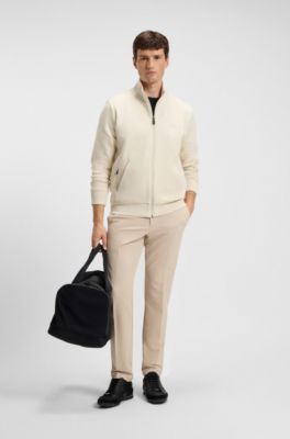 Zip-up sweatshirt in stretch cotton with logo print, Natural