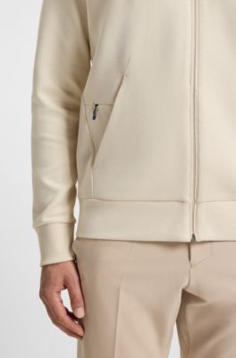 Zip-up sweatshirt in stretch cotton with logo print, Natural