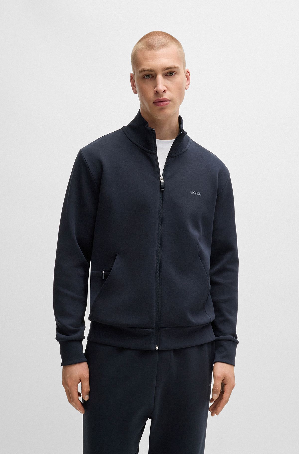 Stretch-cotton zip-up sweatshirt with logo print, Dark Blue