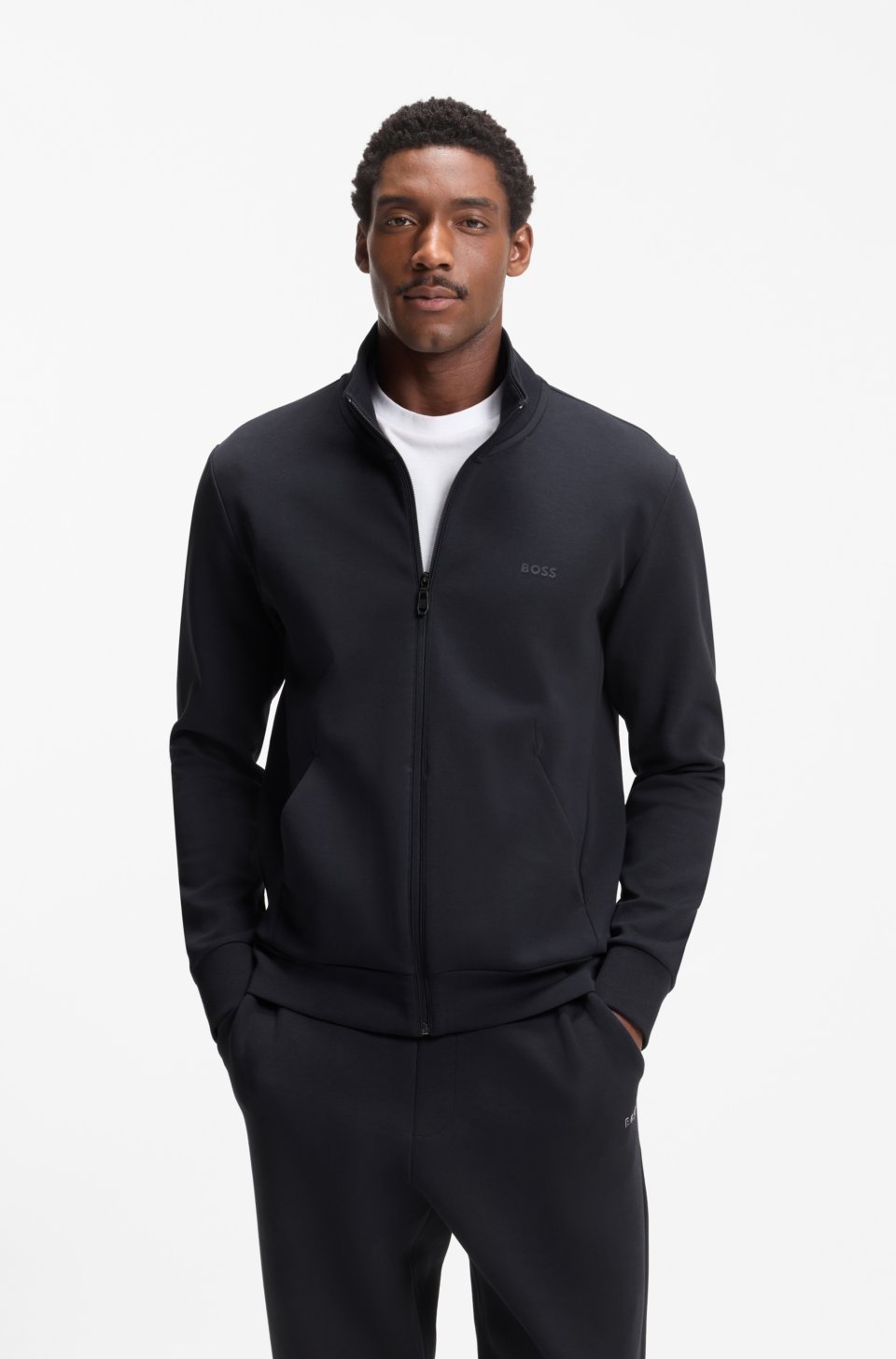 Zip-up sweatshirt in stretch cotton with logo print