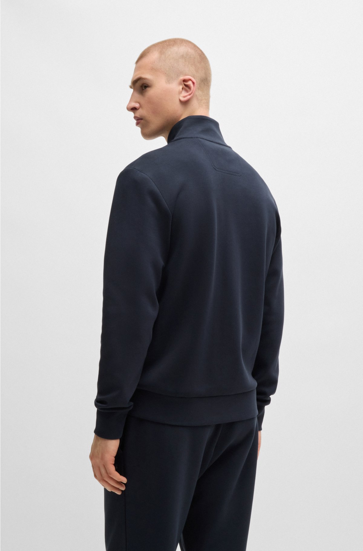 Stretch-cotton zip-up sweatshirt with logo print, Dark Blue