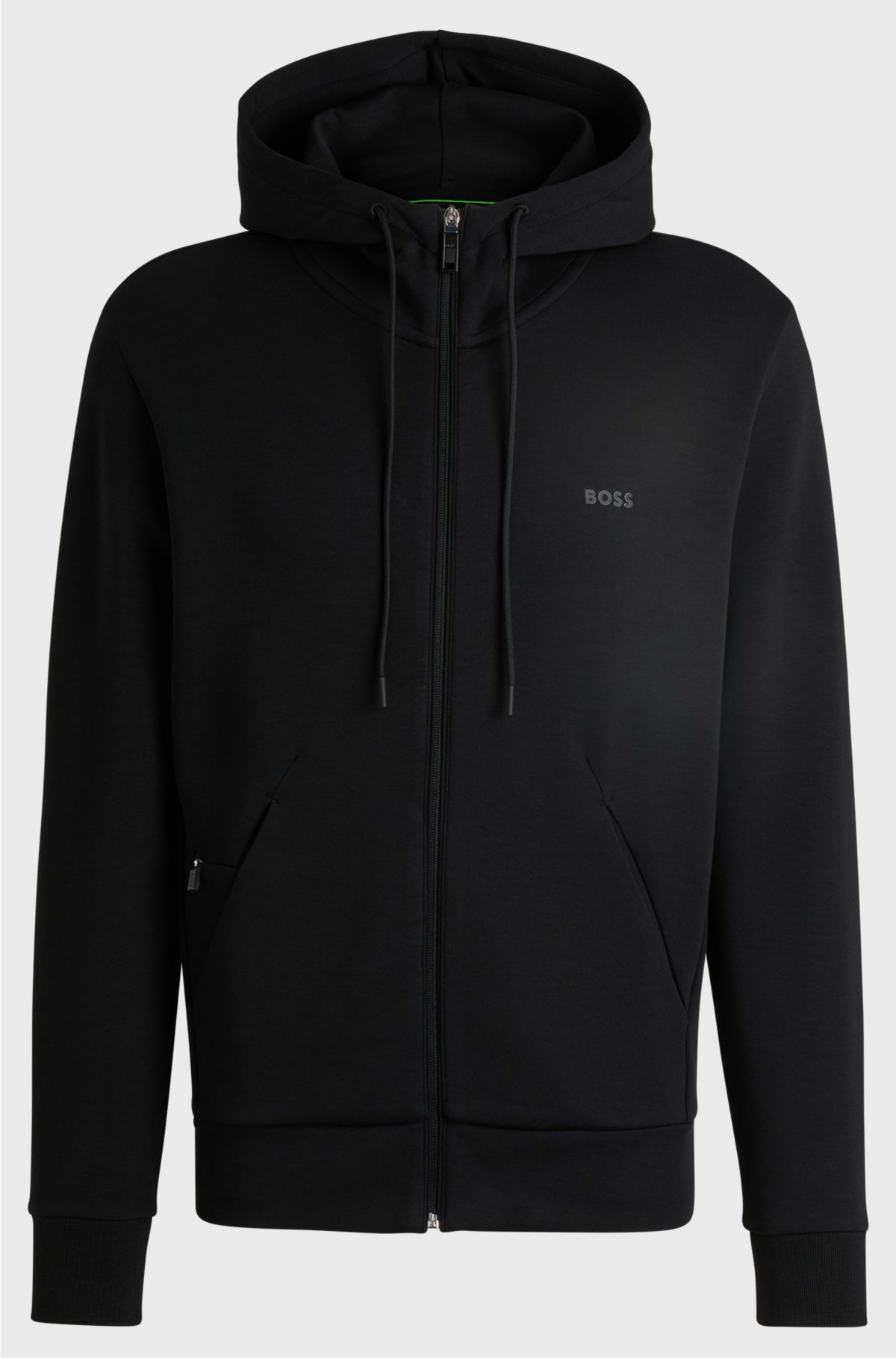 Stretch-cotton zip-up hoodie with logo print, Black