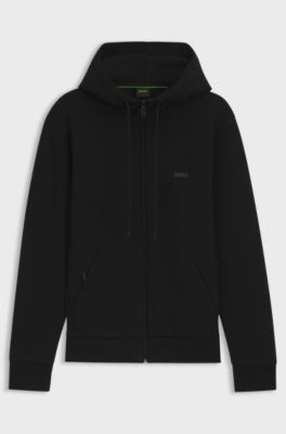 Zip-up hoodie in stretch cotton with logo print, Black