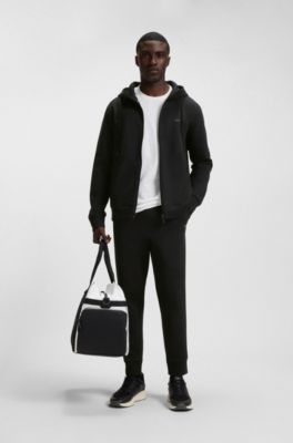 Zip-up hoodie in stretch cotton with logo print, Black