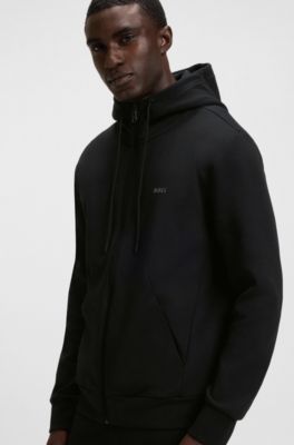 Hoodie van stretchkatoen met rits en logoprint, Zwart
