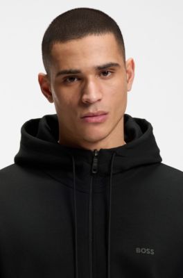 Kapuzenjacke aus Stretch-Baumwolle mit Rei&szlig;verschluss und Logo-Print, Schwarz