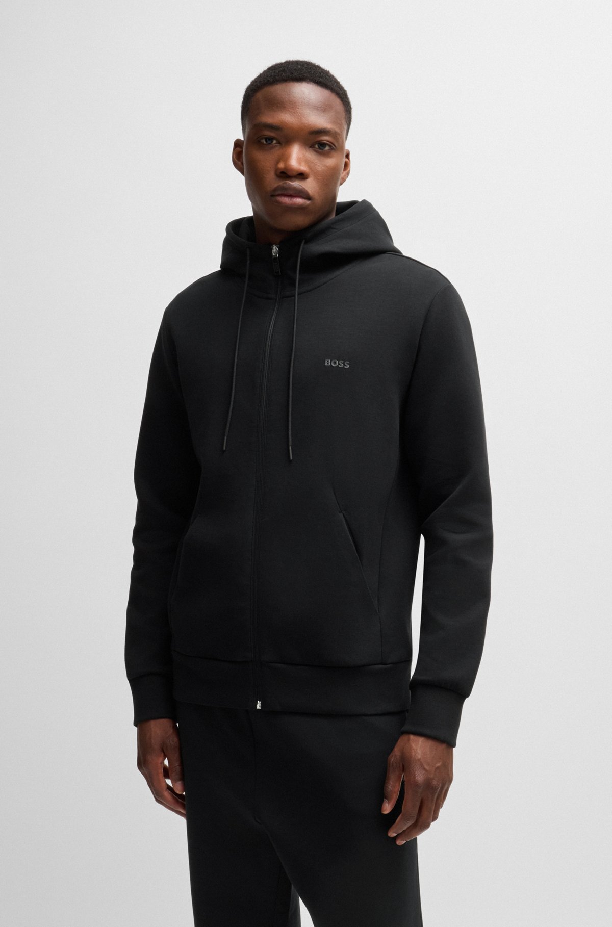 BOSS - Stretch-cotton zip-up hoodie with logo print - Black BOSS - Stretch-cotton zip-up hoodie with logo print - Black