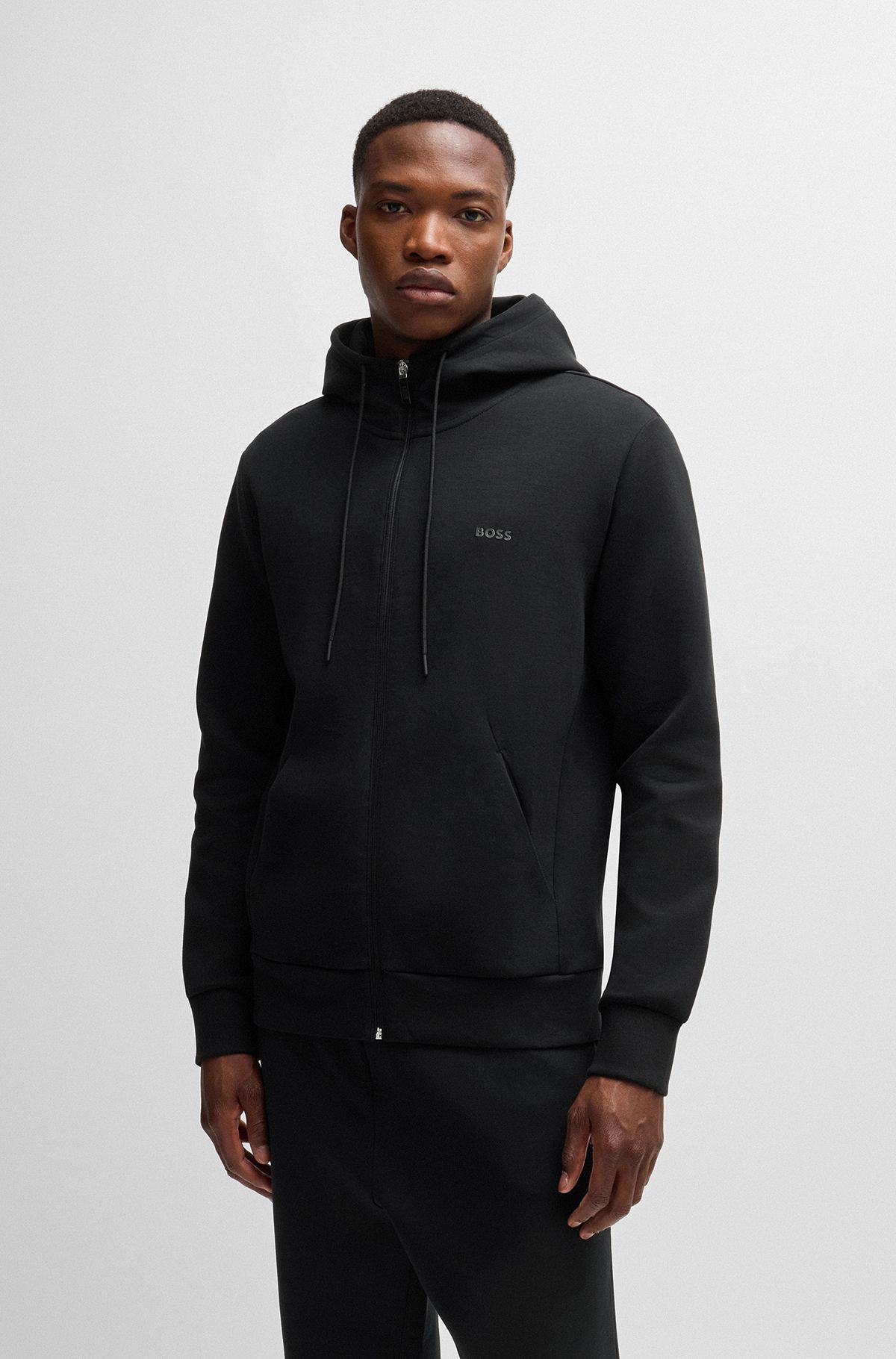BOSS - Stretch-cotton zip-up hoodie with logo print