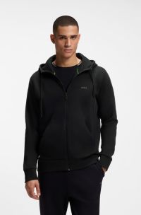 Zip-up hoodie in stretch cotton with logo print, Black