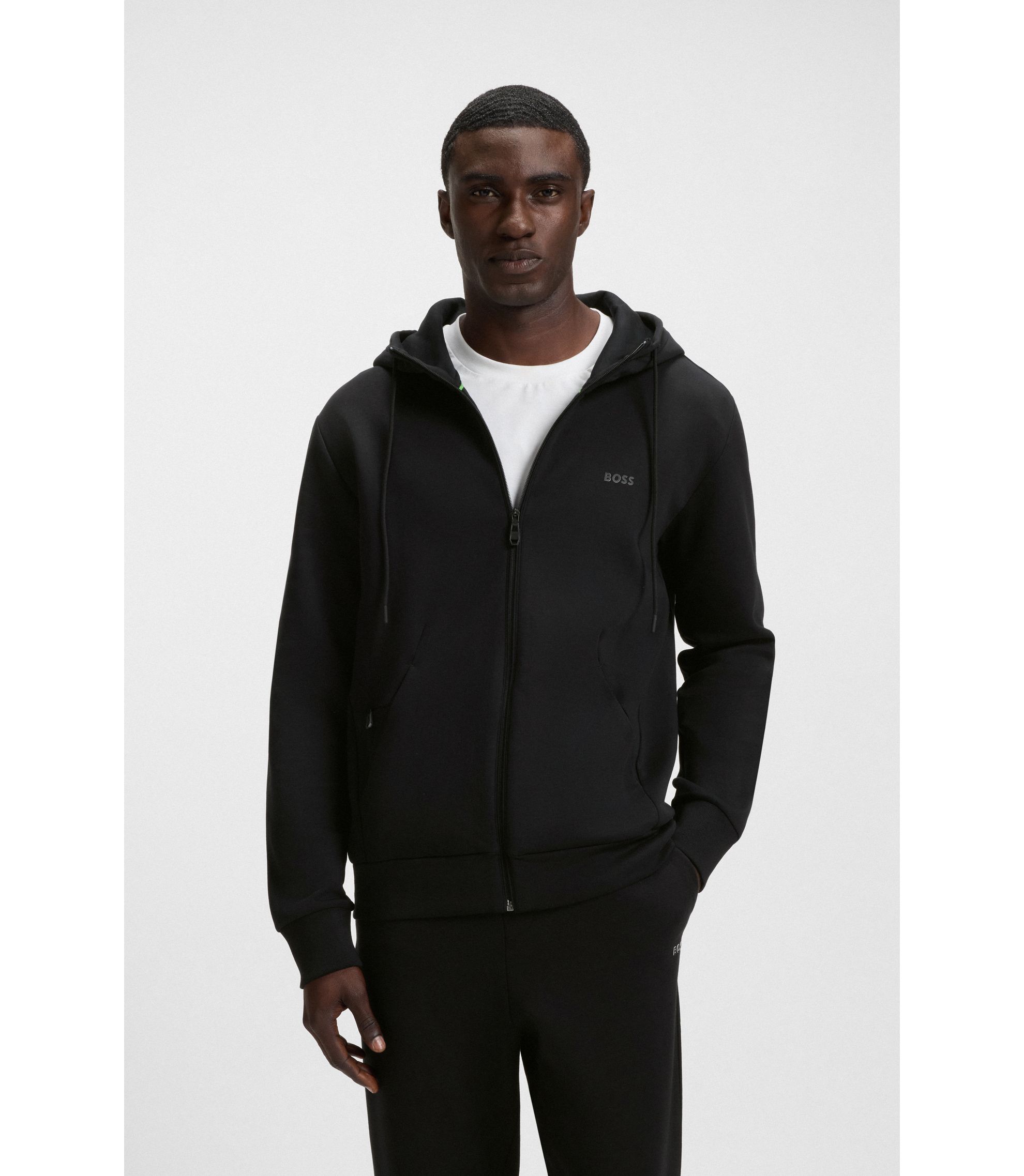 BOSS - Zip-up hoodie in stretch cotton with logo print - Black