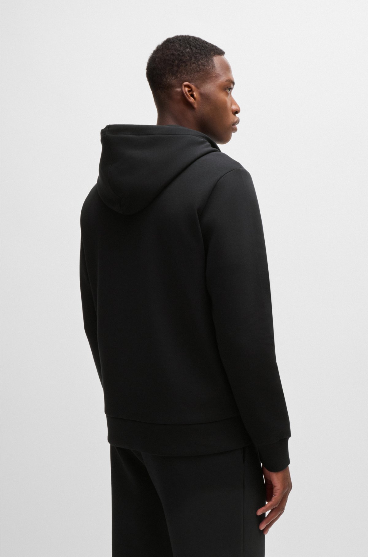 Stretch-cotton zip-up hoodie with logo print, Black