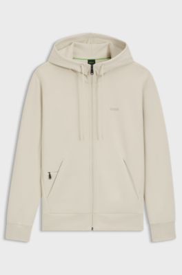 Zip-up hoodie in stretch cotton with logo print, Natural